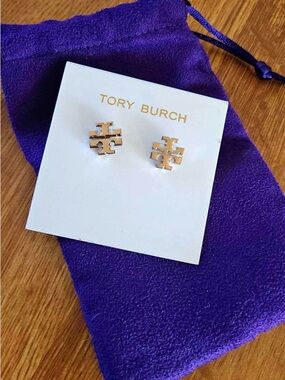 Tory Burch Gold Logo Stud Earrings on Card